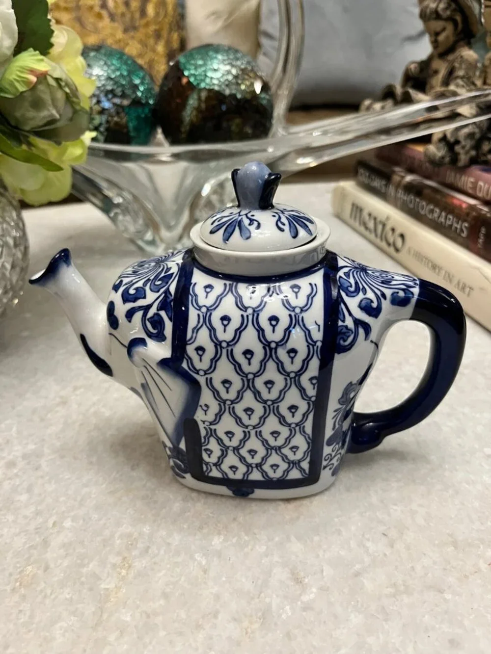 Bombay Blue White Porcelain Hand Painted Elephant Tea Pot